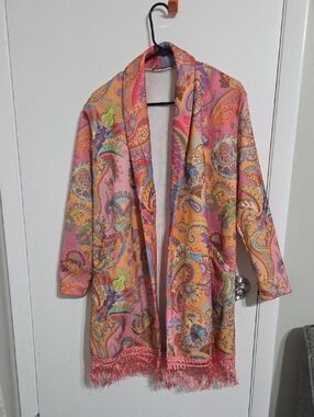 C.O.Z.Y Paisley Fringe Open Cardigan - Pink & Blue